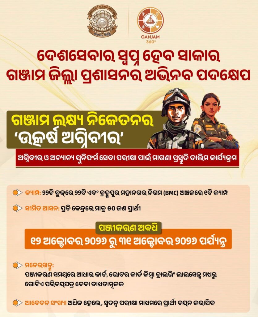 ଦେଶସେବାର ସ୍ୱପ୍ନ ହେବ ସାକାରଗଞ୍ଜାମ ଜିଲ୍ଲା ପ୍ରଶାସନର ଅଭିନବ ପଦକ୍ଷେପ ‘ଉତ୍କର୍ଷ ଅଗ୍ନିବୀର’